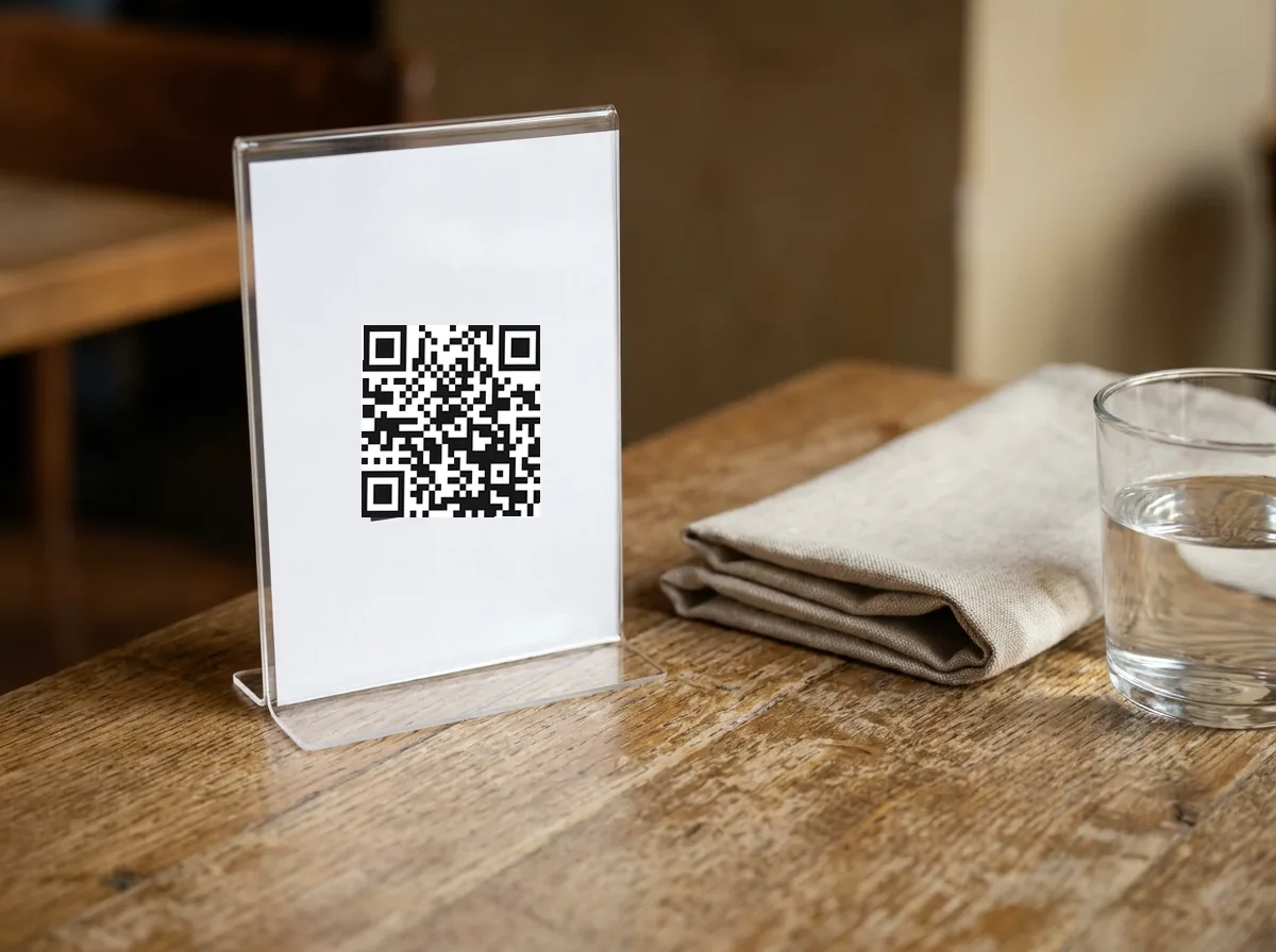 QR-Code-Aufsteller im A6-Format auf einem Holztisch.